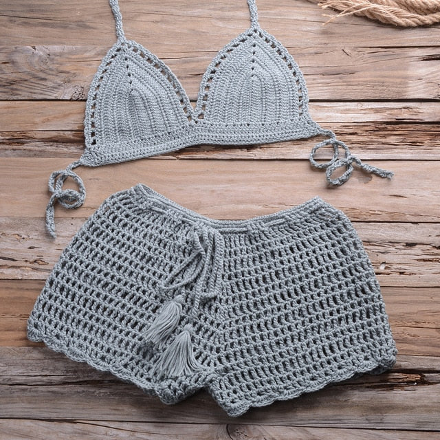 Sexy Crochet Bikini Two Pieces Set Halter Bra Tie Top Knitted Shorts Biquini Summer Beach Swimwear Hollow Swimsuit Bathing Suit-12