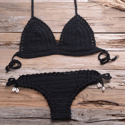 Sexy Crochet Bikini Two Pieces Set Halter Bra Tie Top Knitted Shorts Biquini Summer Beach Swimwear Hollow Swimsuit Bathing Suit-21