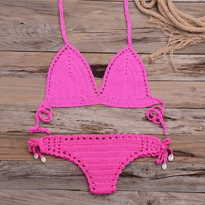 Sexy Crochet Bikini Two Pieces Set Halter Bra Tie Top Knitted Shorts Biquini Summer Beach Swimwear Hollow Swimsuit Bathing Suit-22