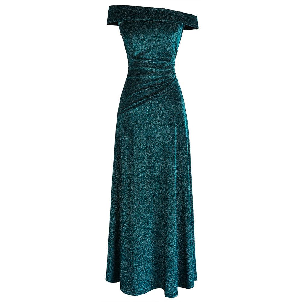 Off Shoulder Pleated Evening Dresses Long Party Gown Peacock green-0