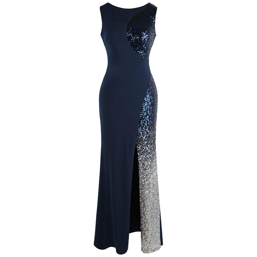 Splicing Sequin Evening Dress Slit Gradient Evening Dress Long Royal Blue-0