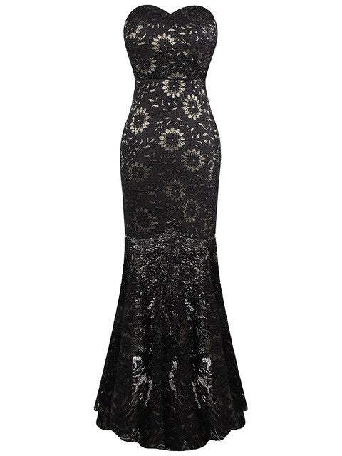 Strapless Floral Lace See Through Mermaid Formal Long Evening Dresses Black