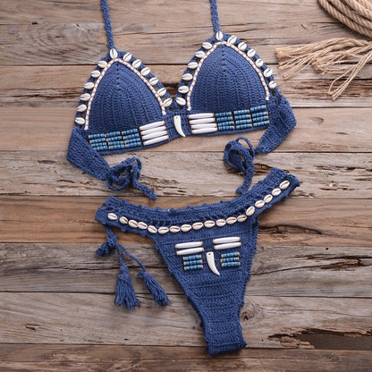 Sexy Bikini Crochet shell Set Halter Lace Up Bra Top Thong Swimsuit Beach Lady Knitted Biquini Swimming Bohemian Bathing Suit-5