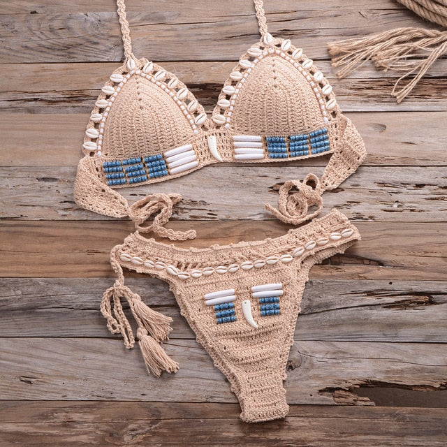 Sexy Bikini Crochet shell Set Halter Lace Up Bra Top Thong Swimsuit Beach Lady Knitted Biquini Swimming Bohemian Bathing Suit-7