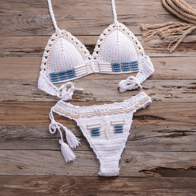 Sexy Bikini Crochet shell Set Halter Lace Up Bra Top Thong Swimsuit Beach Lady Knitted Biquini Swimming Bohemian Bathing Suit-6