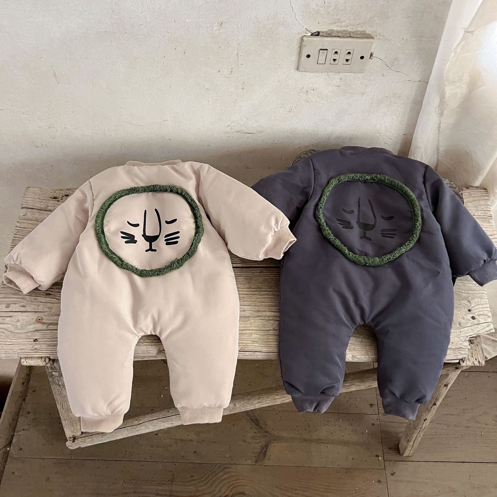 Baby Toddler Boy And Girl Little Lion Back Print Thicken Long Sleeve Jumpsuit