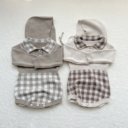 Baby Checkerboard Pattern Polo Neck Knit Warm Onesies