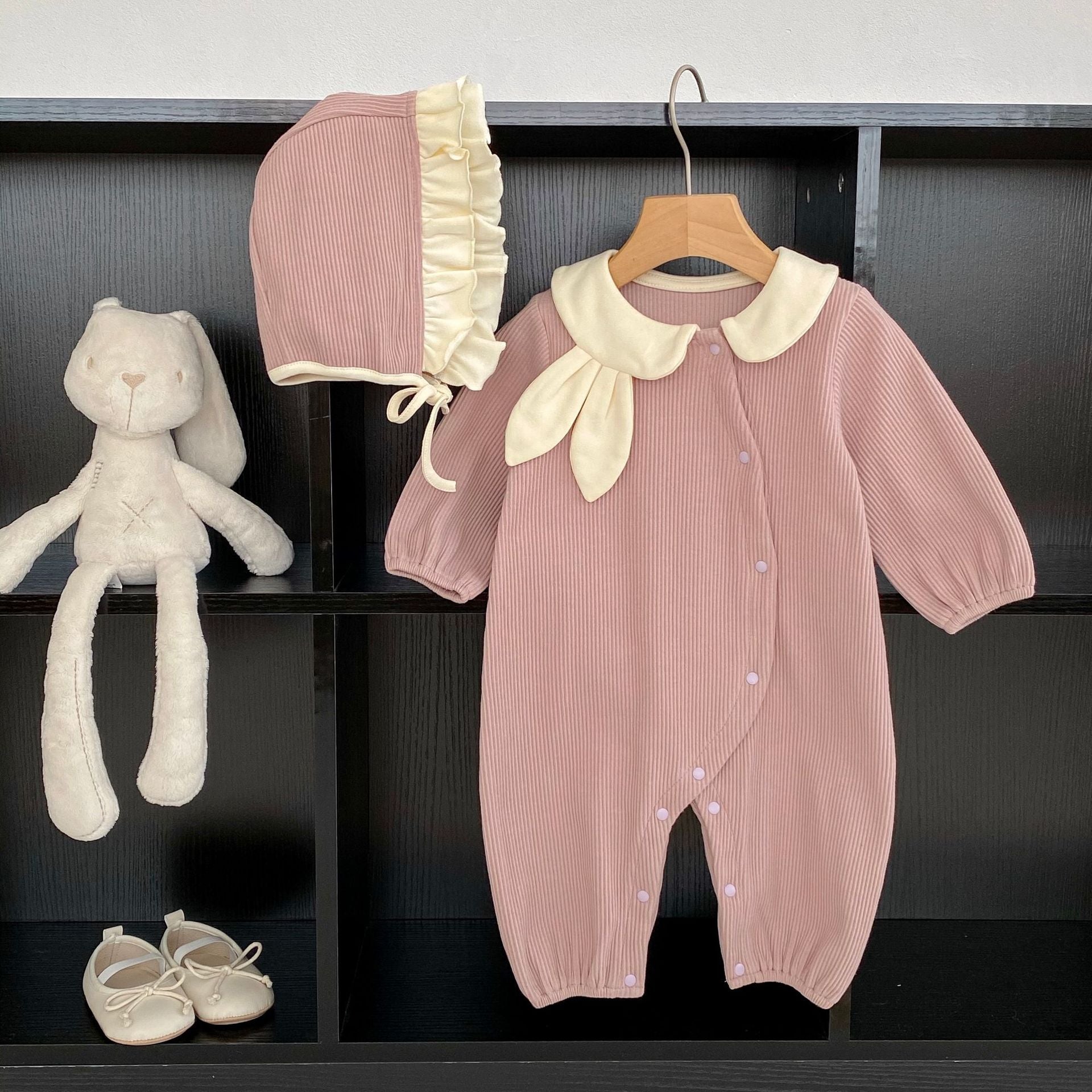 Baby Toddler Girl Rabbit Ears Lapel Long Sleeve With Hat Jumpsuit In Autumn
