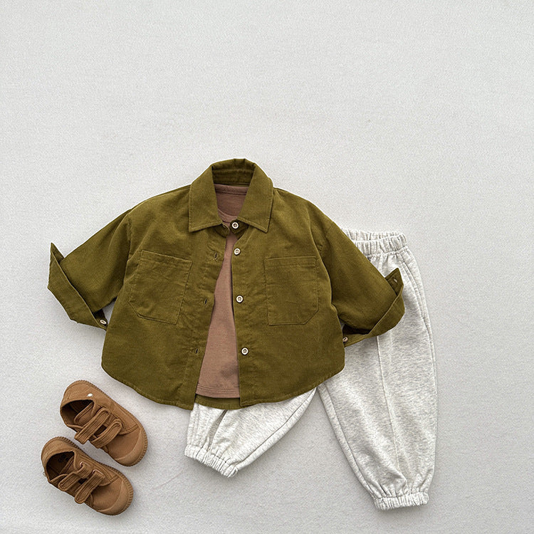 Spring New Children’s Thin Shirts Baby Retro Solid Color Jackets For Boys And Girls Mountain Style Long-Sleeved Fine Striped Velvet Shirts