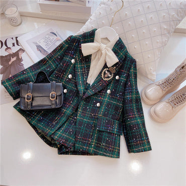 Girls Dark Green Plaid With Dots Open Front Cardigan&Skirt Preppy Suits