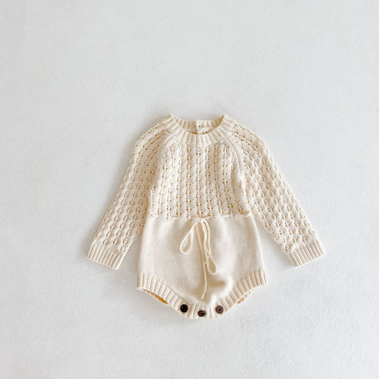 Baby Girl 1pcs Hollow Carved Hand Knitted Fabric Belted Waist Long Sleeve Crotch Onesies