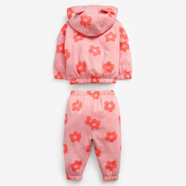 Baby Girl All Over Flower Graphic Zipper Hoodie Coat & Trousers 2 Pieces Sets-1