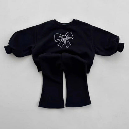 Spring and Autumn Girls Butterfly Bows Pattern Long Sleeves Crew Neck Top Sweatshirt and Pants Clothing Set