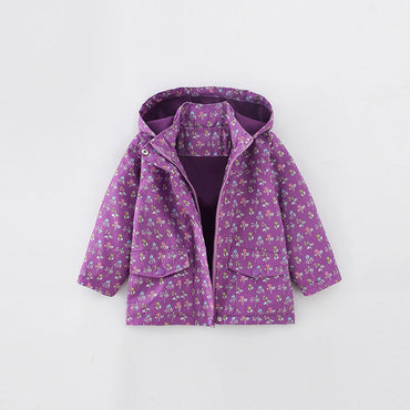 European And American Style Girls’ Outerwear: Hooded Zip-Up Floral Coat With Long Sleeves For Children