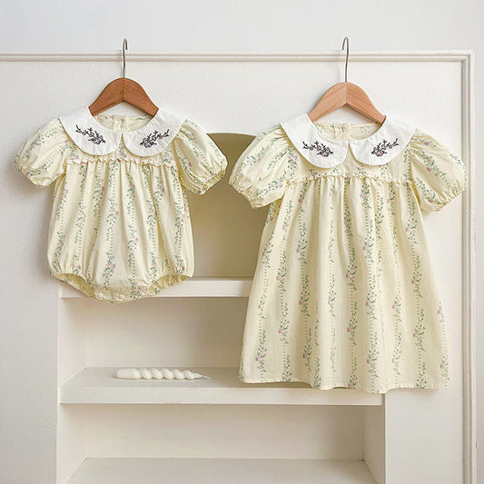 New Design Summer Baby Kids Girls Floral Striped Pattern Short Sleeves Embroidered Onesies And Girls’ Dress – Princess Sister Matching Set