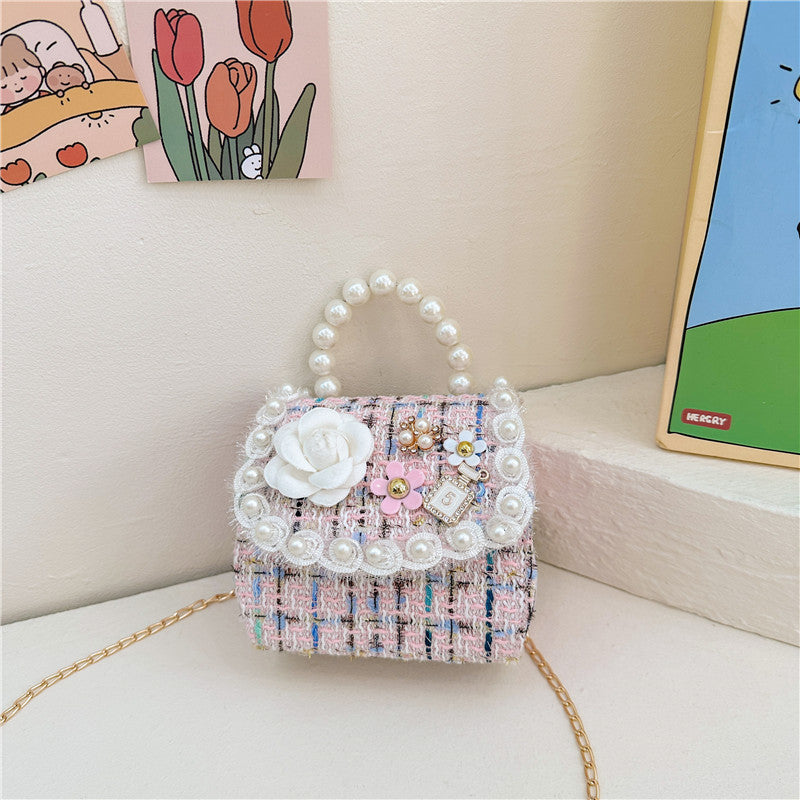 Stylish Plaid Carry-On Girls’ Portable 3D Flower Beaded Crossbody Handbag