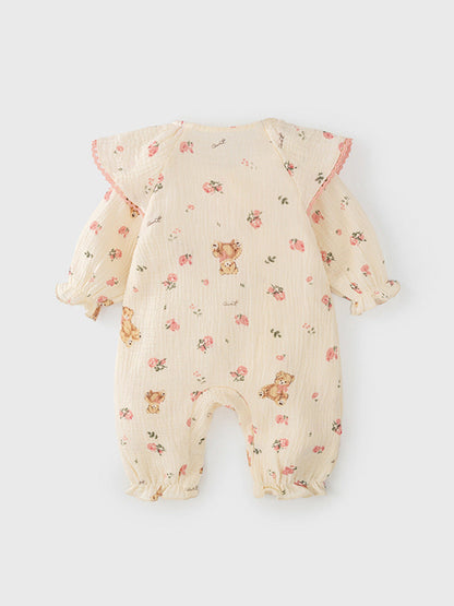Autumn New Arrival Baby Girls Flowers and Teddy Pattern Butterfly Bows Attached Romper-2