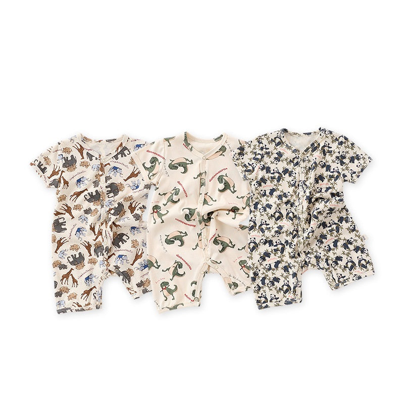 Summer Baby Boys And Girls Cartoon Print Short Sleeves Button Front Romper