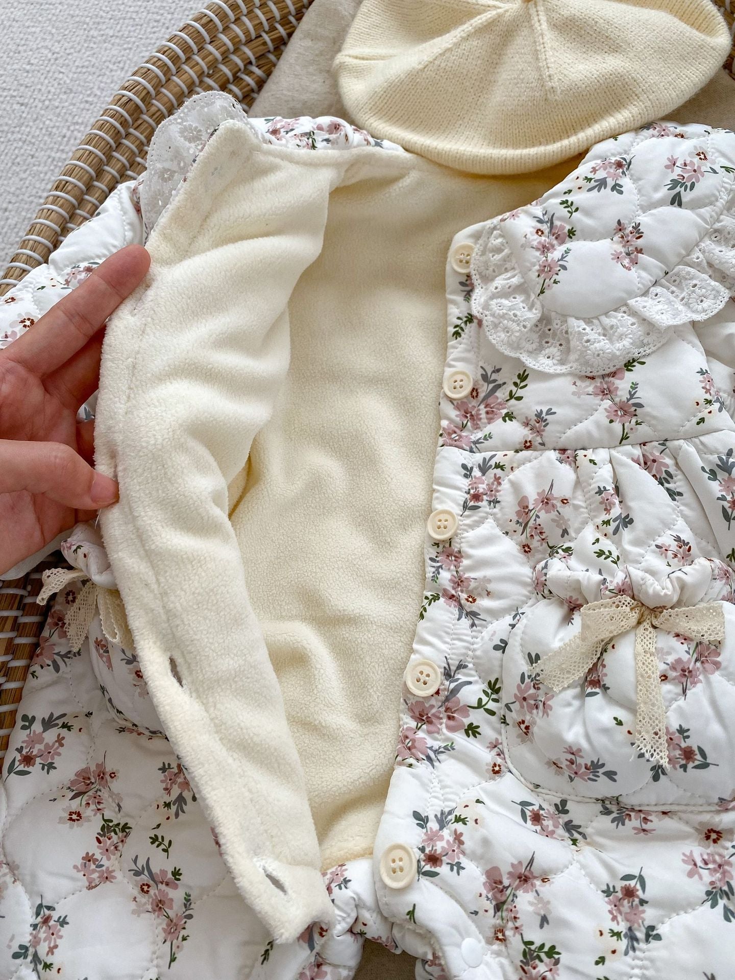 Infant Baby Girl Floral Combo Laces Warm Thicken Long Sleeve Jumpsuit