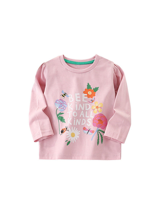 Girls Cartoon Insects And Flowers Printing Pattern Comfy Cotton Top Shirt