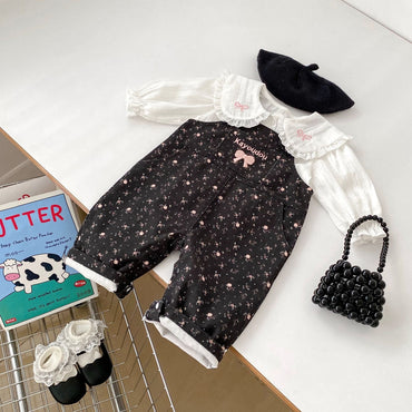 Arrival Spring Girls Long Sleeves Striped Embroidery Top Shirt and Sleeveless Floral Overalls Set Clothing Set-1