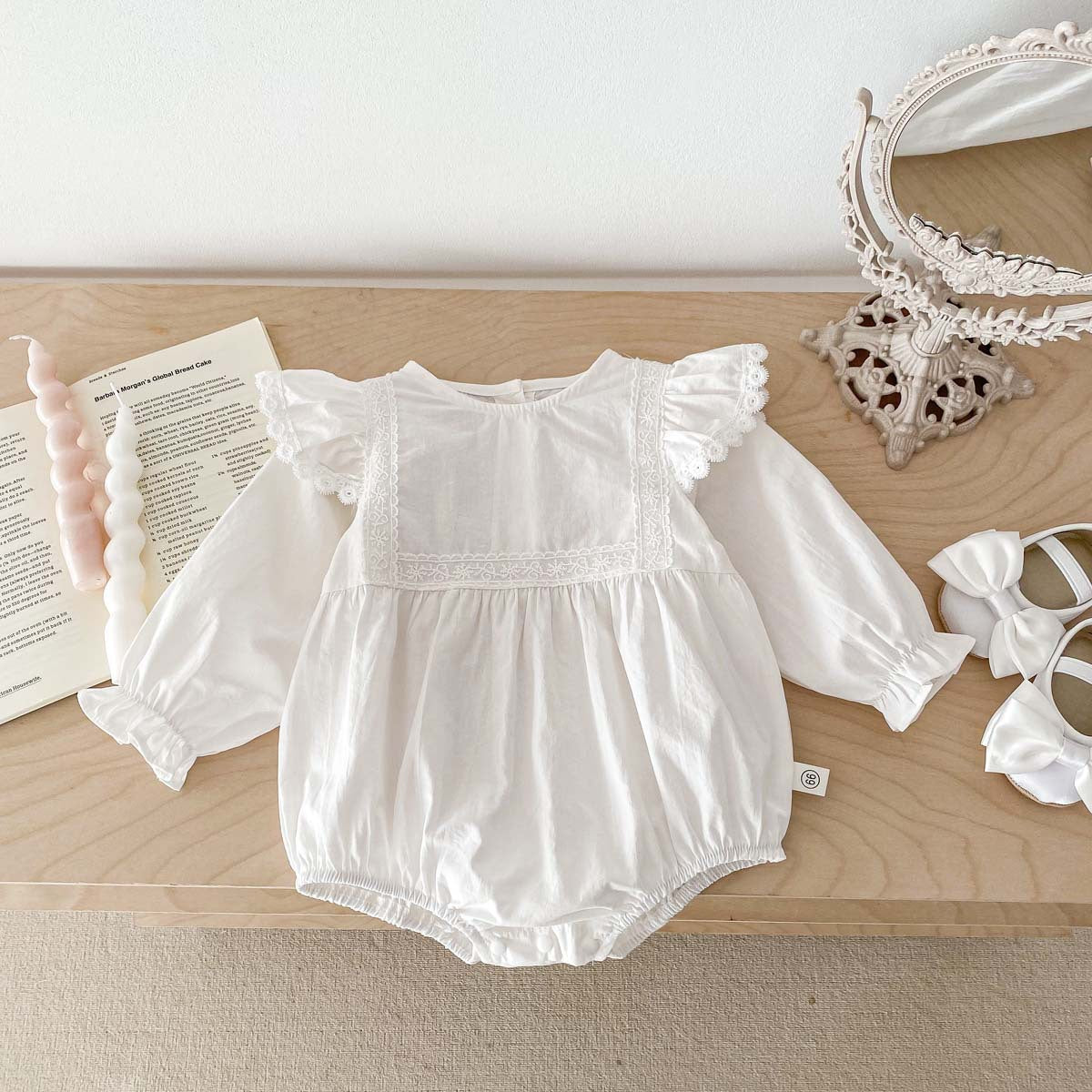 Spring Baby White Embroidery Lace Mesh Princess Onesie Dress For Girls