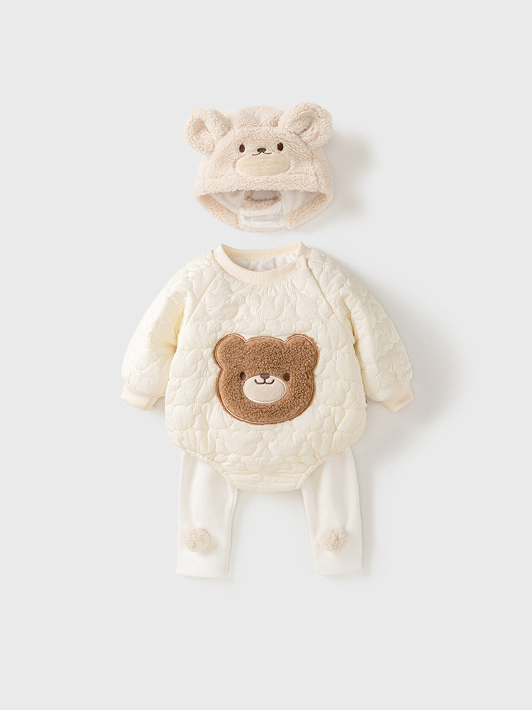Baby Teddy Bear Cartoon Knitted Onesie With Hat&Fluffy Ball Pants Clothing Set