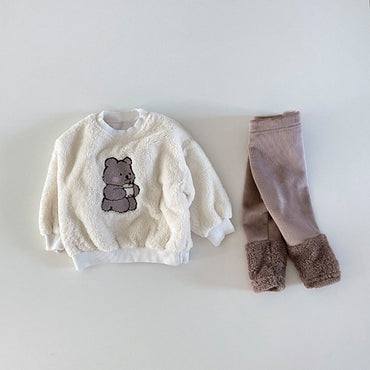Baby Bear Embroidered Pattern Plush Hoodies Combo Pants Pieces Sets