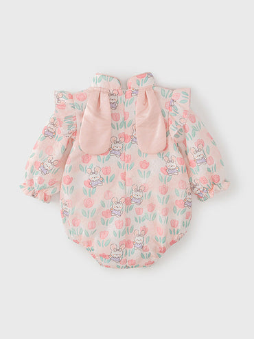 Autumn New Arrival Baby Girls Flowers and Rabbits Pattern Long Sleeves Onesies with Stand Collar-1