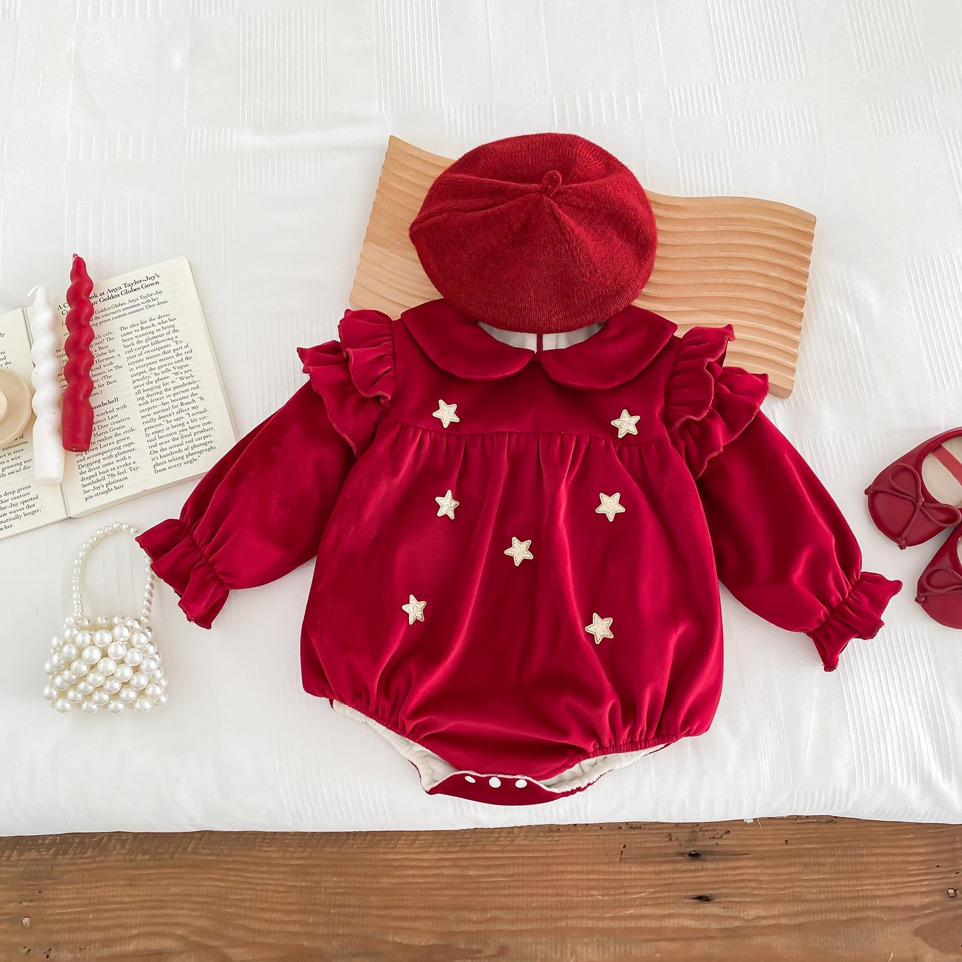 Newborn Baby Girls Peter Pan Collar Long Ruffle Sleeves Star Knitted Onesie
