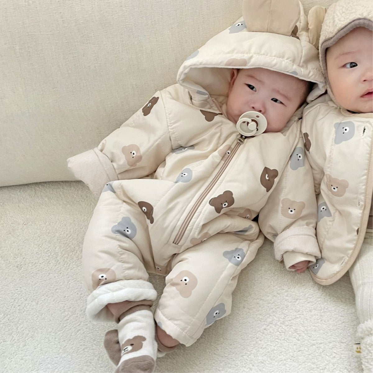Winter Baby Unisex Little Bear Head Thicken Long Sleeve Jumpsuit