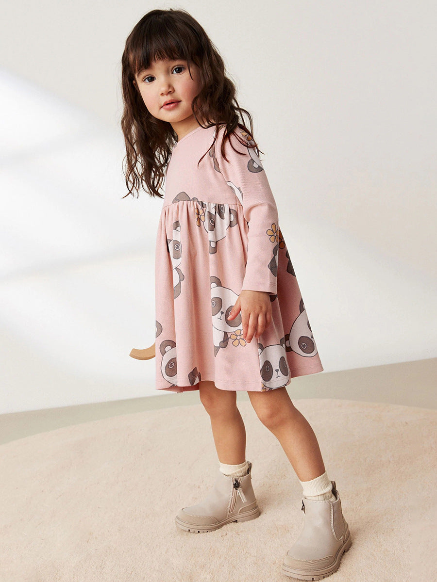 Arrival Autumn Girls Long Sleeves Cartoon Panda Pattern Crew Neck Dress