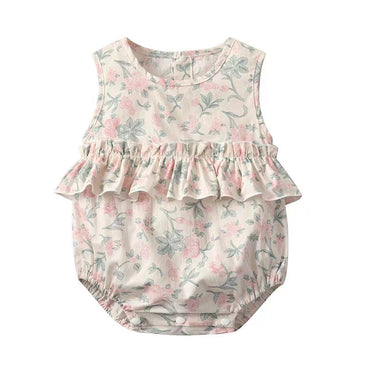 Baby Girl Floral Print Graphic Ruffle Design Sleeveless Onesies & Headband-1