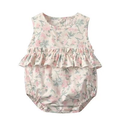 Baby Girl Floral Print Graphic Ruffle Design Sleeveless Onesies & Headband-1