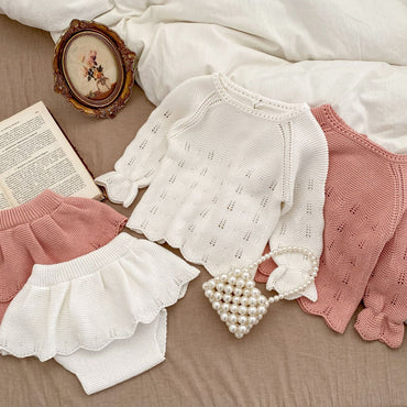 Autumn Hollow Carved Design Solid Color Knitted Sets