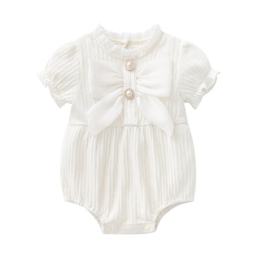 Baby Girls Solid Color Lace Design Puff-Sleeved Fashion Onesies With Bow Decoration In Summer-1