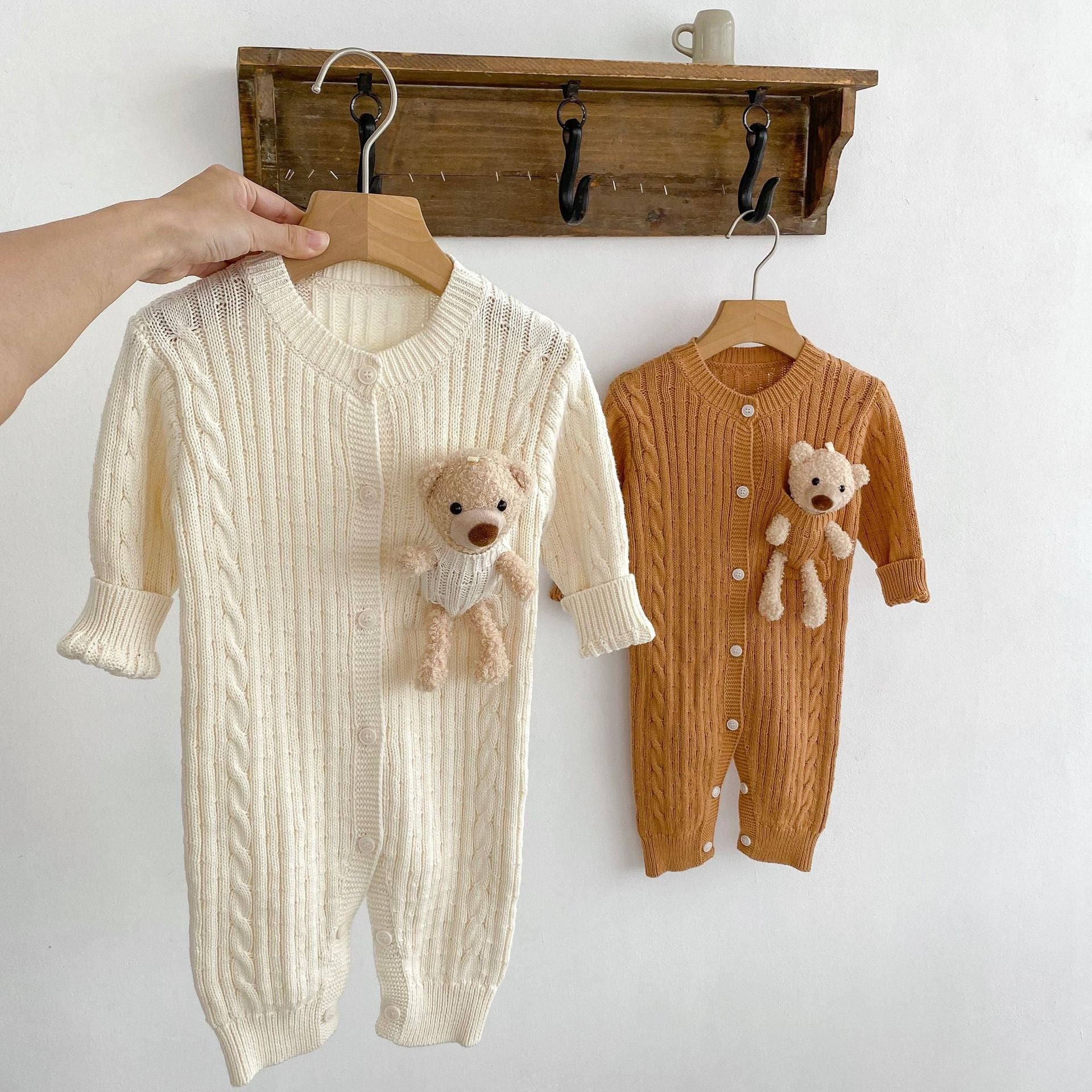 Autumn Infant Baby Unisex Solid Knit Sweaters Long Sleeve Romper Include Little Bear-0