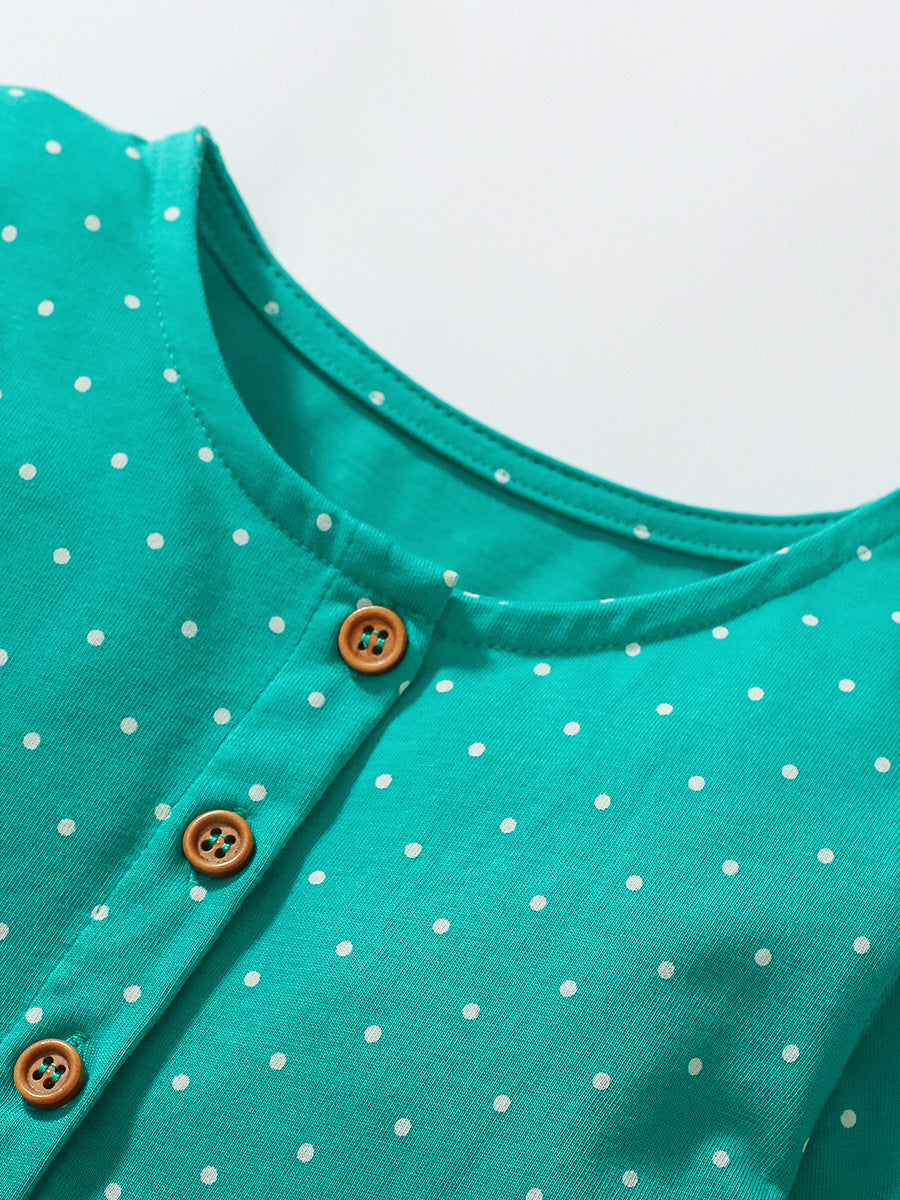 Design Autumn Girls Fruits And Flowers Pattern Crew Neck Long Sleeves Green Dress-2