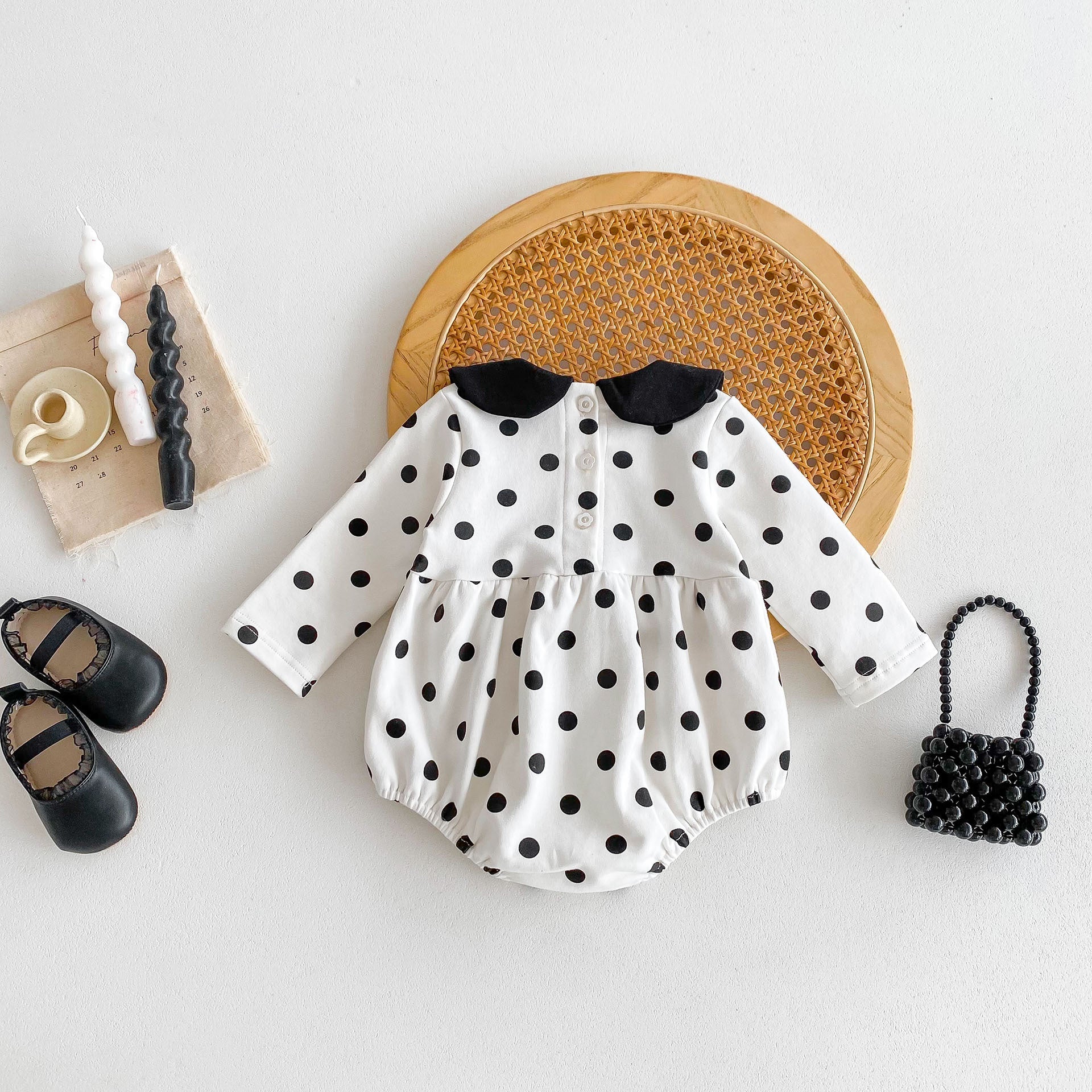 Spring New Arrival Baby Long Sleeves Black Polka Dots Onesie For Girls