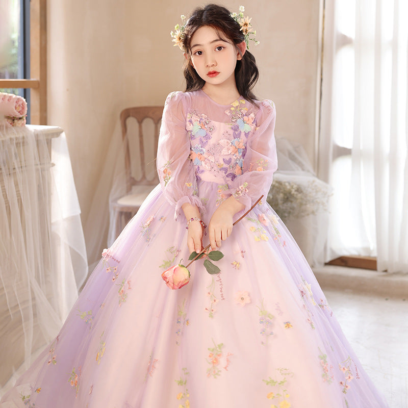 Princess Purple Birthday Dress For Girls: Luxurious Long-Sleeved Piano Performance Attire, Perfect For Spring Celebrations