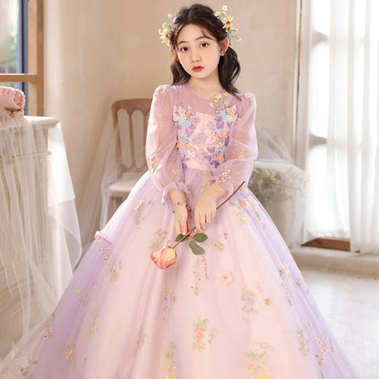 Princess Purple Birthday Dress For Girls: Luxurious Long-Sleeved Piano Performance Attire, Perfect For Spring Celebrations