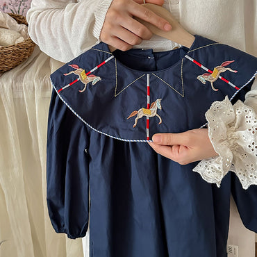 Preppy Style Autumn Girls Horse Embroidery Collar Long Sleeves Dress-1