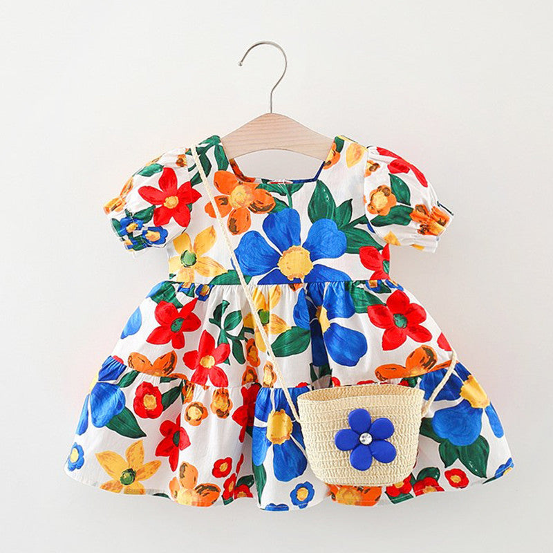 Baby Floral Pattern Short Sleeve Crewneck Dress with Purse-0