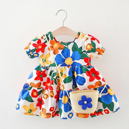 Baby Floral Pattern Short Sleeve Crewneck Dress with Purse-0