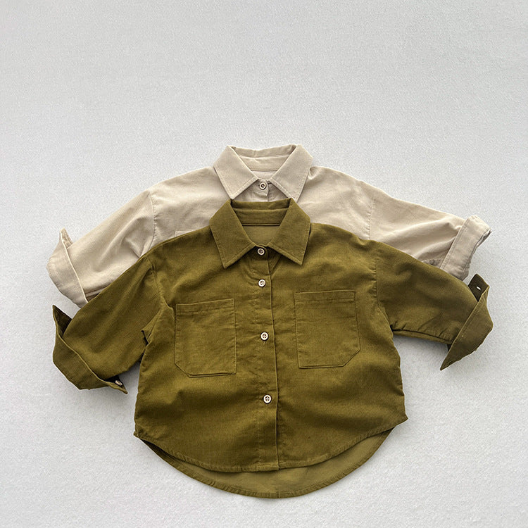 Spring New Children’s Thin Shirts Baby Retro Solid Color Jackets For Boys And Girls Mountain Style Long-Sleeved Fine Striped Velvet Shirts
