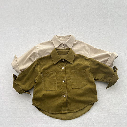 Spring New Children’s Thin Shirts Baby Retro Solid Color Jackets For Boys And Girls Mountain Style Long-Sleeved Fine Striped Velvet Shirts