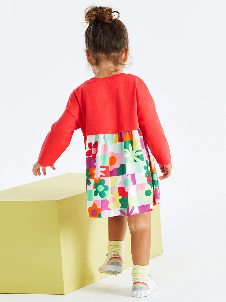 Design Autumn Girls Vivid Floral And Plaid Pattern Patchwork Long Sleeves Dress-2