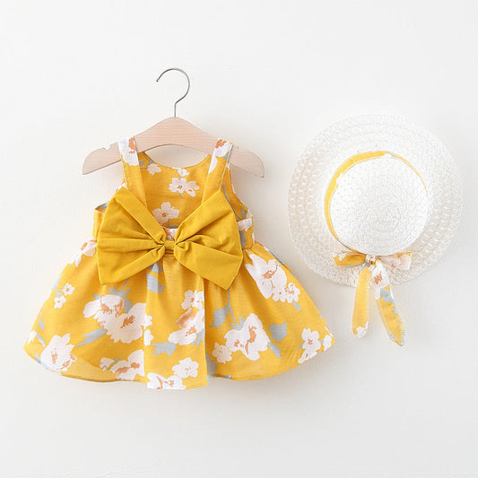 Baby Flower Pattern Bow Patched Design Sling Dress In Summer With Hat-0