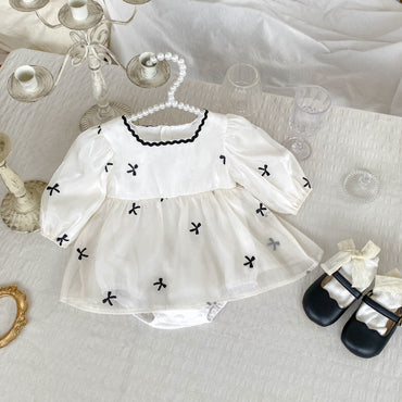 Autumn Bows Pattern Embroidery Design Long Sleeve Square Neck Onesies Dress for Girls-1