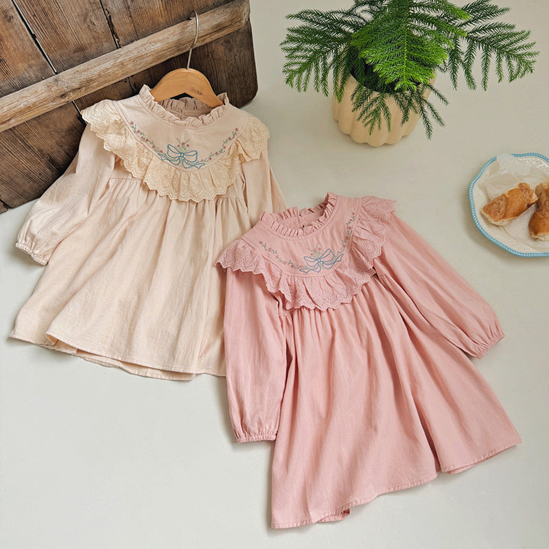 Design Autumn Girls Flowers and Bows Embroidery Ruffle Neck Long Sleeves French Style Dress